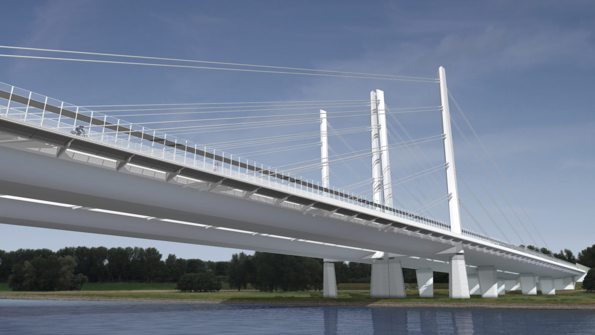 Visualisierung des Ersatzneubaus der Rheinbrücke Duisburg-Neuenkamp aus der Uferperspektive