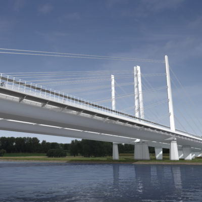 Visualisierung des Ersatzneubaus der Rheinbrücke Duisburg-Neuenkamp aus der Uferperspektive