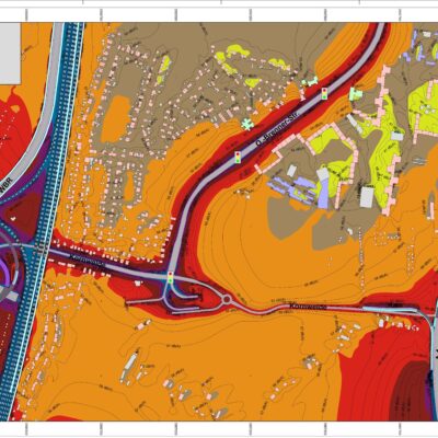 Lärmbelastung 2030 im südlichen Wilhelmsburg mit A 26. Lärmbelastungen sind mit Ansicht des Autobahndreiecks an der A 1 mit Galerie dunklen Farbtönen (rot, lila und blau) dargestellt. Der Grenzwert in Wohngebieten am Tag liegt bei 59 dB(A)