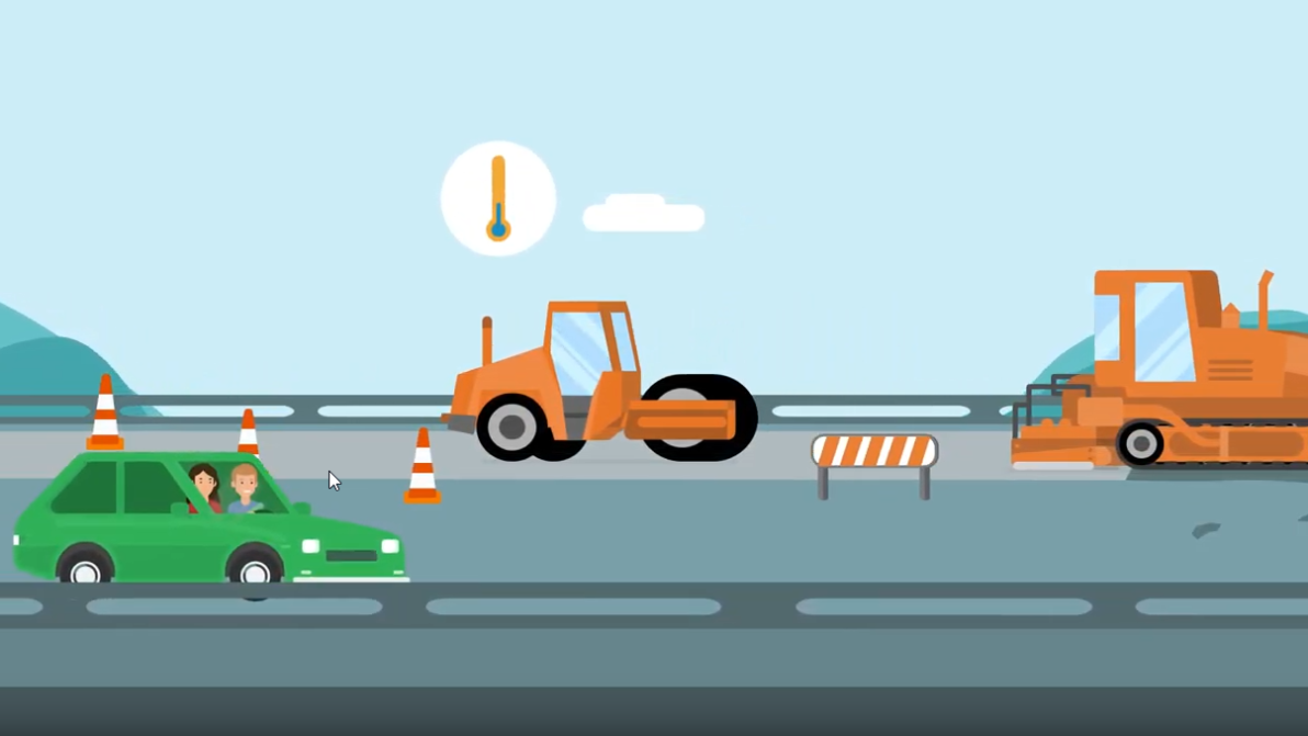 Screenshot Video Warum arbeitet niemand auf Autobahnbaustellen im Illustrationsstil - grünes Auto fährt vor Baustelle entlang