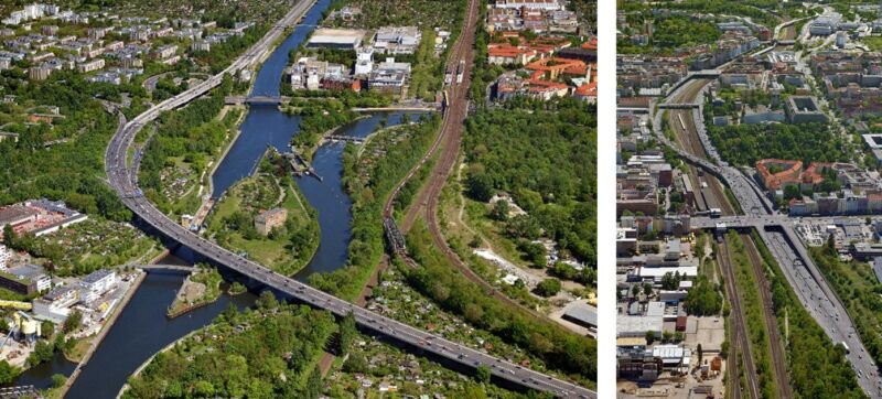 Bauwerke mit Schlüsselfunktion für die Leistungsfähigkeit der Autobahn A 100: Die 930 Meter lange Rudolf-Wissell-Brücke führt über die Spree (links), die 243 Meter lange Westendbrücke überspannt in Fahrtrichtung Nord die Gleise von S-Bahn und Fernbahn (rechts) 